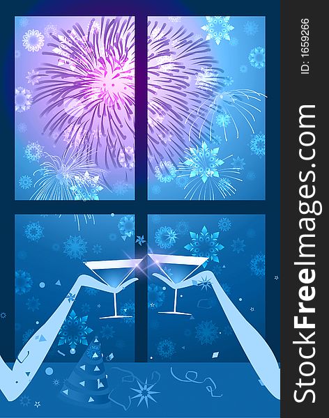 Illustration of two people having a glass of wine with fireworks on the sky and snow falling. Illustration of two people having a glass of wine with fireworks on the sky and snow falling.