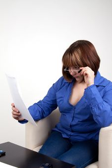The Young Woman Attentively Studies The Contract Stock Photos
