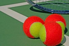 Three Tennis Balls And A Racket Royalty Free Stock Image Three Tennis Balls And A Racket Royalty Free Stock Image