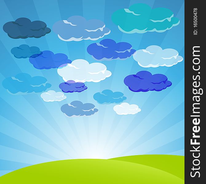 Illustration of  clouds in sky with landscape. Illustration of  clouds in sky with landscape