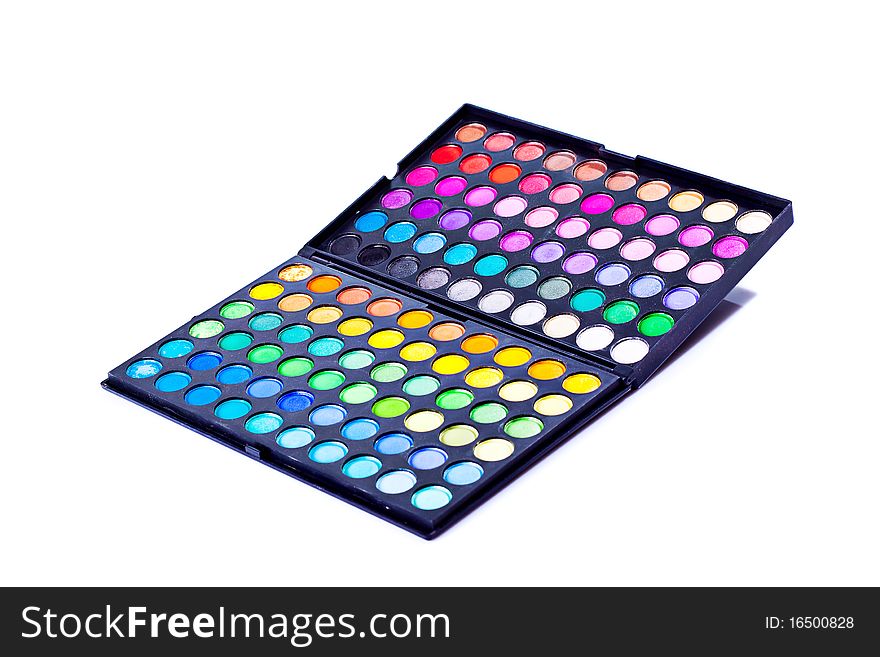 Large eyeshadow makeup palette isolated on white background.