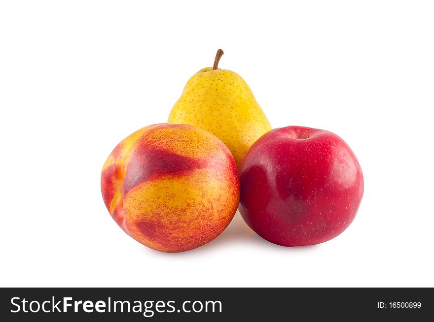 Peach apple pear isolated on white background. Peach apple pear isolated on white background.