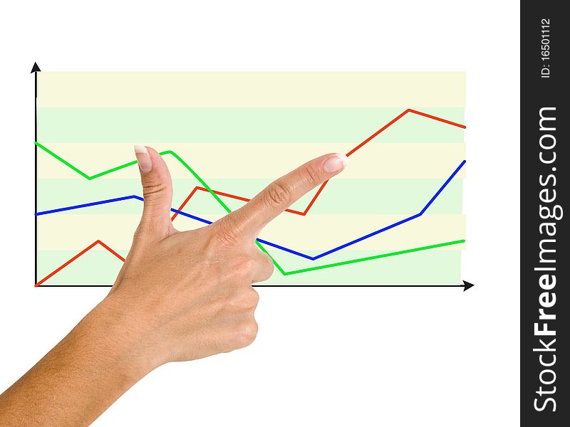 Female finger pointing to charts