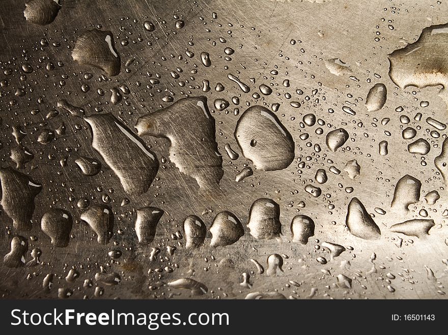 Water drops on the silver metal background