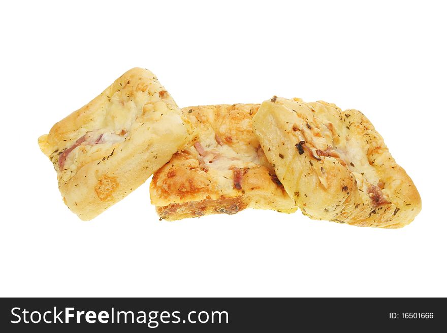 Three pieces of foccacia bread isolated on white. Three pieces of foccacia bread isolated on white