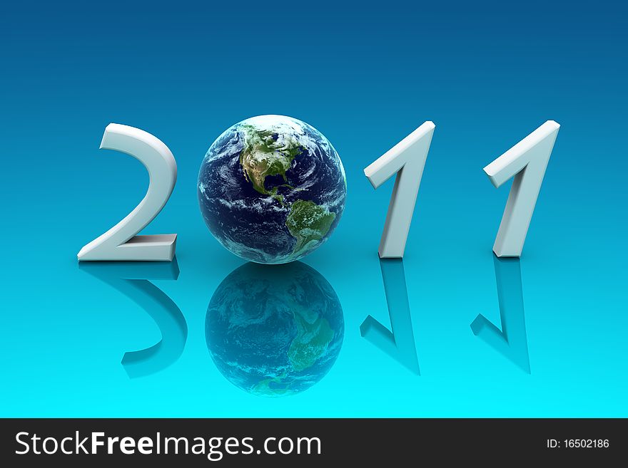 3d render illustration with earth and number 2011 on blue. 3d render illustration with earth and number 2011 on blue