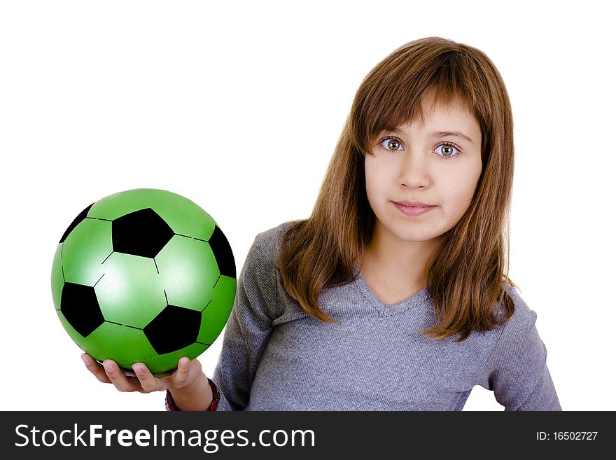 A little girl with the green ball in hand on white background. A little girl with the green ball in hand on white background