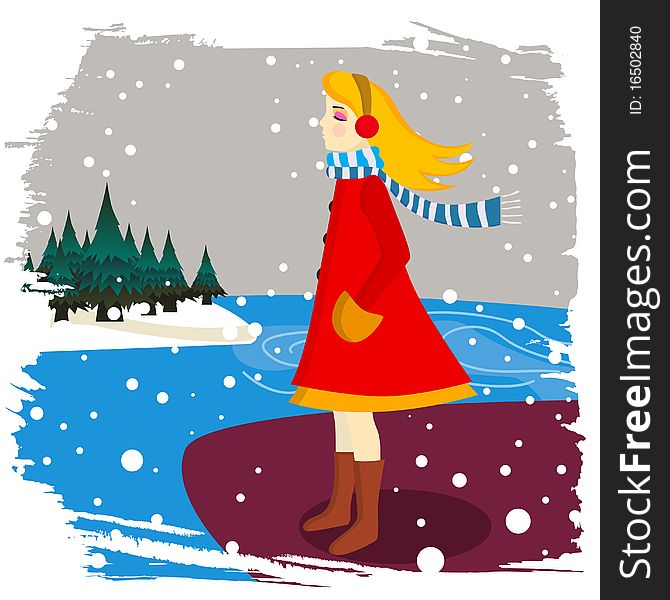 Winter girl and snow illustration vector
