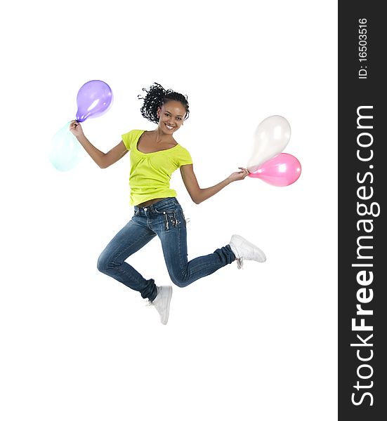 Beautiful african girl jump isolated on white background. Beautiful african girl jump isolated on white background