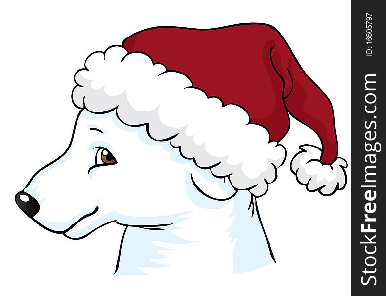 Profile of a cute polar bear in a Christmas hat. Profile of a cute polar bear in a Christmas hat.