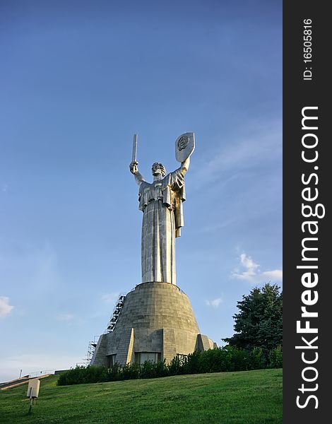 Soviet Motherhood statue with shield and sword in Kiev Ukraine
