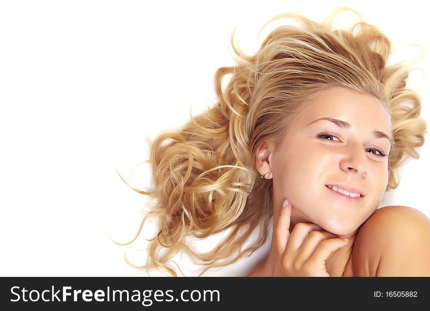 Blonde girl model with long hair in studio beauty shot. Blonde girl model with long hair in studio beauty shot