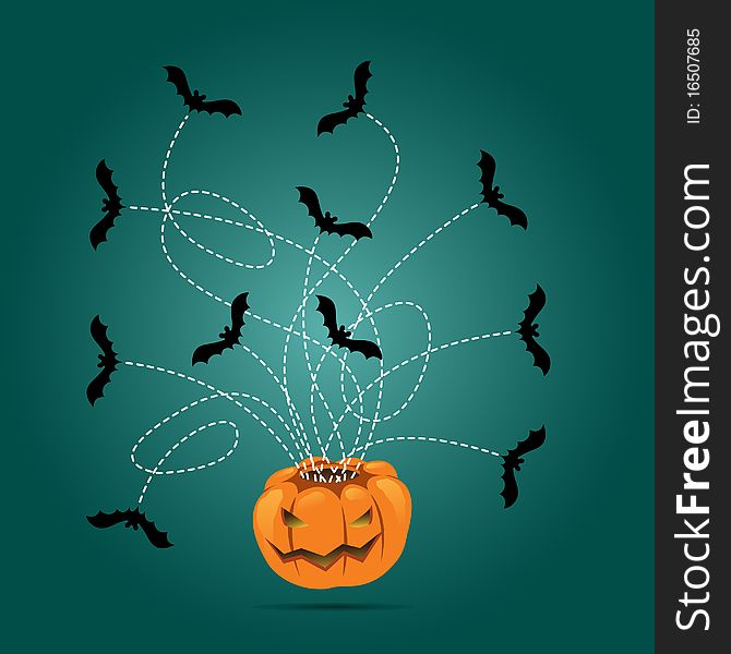 This is an illustration of a carved pumpkin hovering over a blue green background and black bats flying out of its top. This is an illustration of a carved pumpkin hovering over a blue green background and black bats flying out of its top.