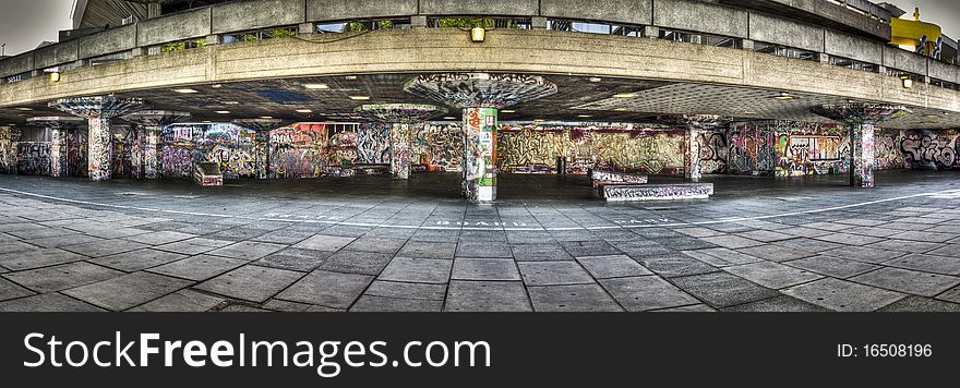 Skateboard Park with graffities at London's riveside. HDR image