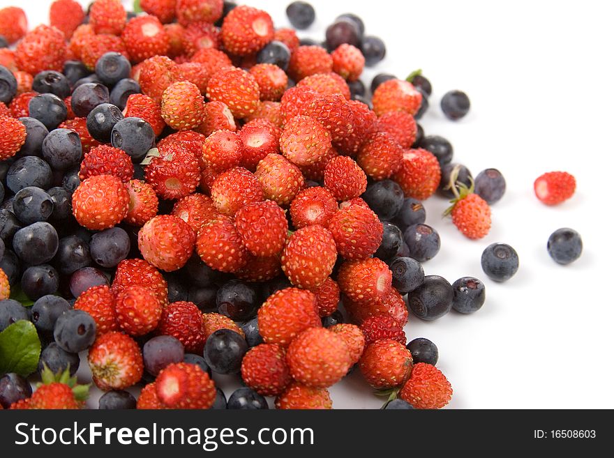 Wild strawberries and blueberries on a white background