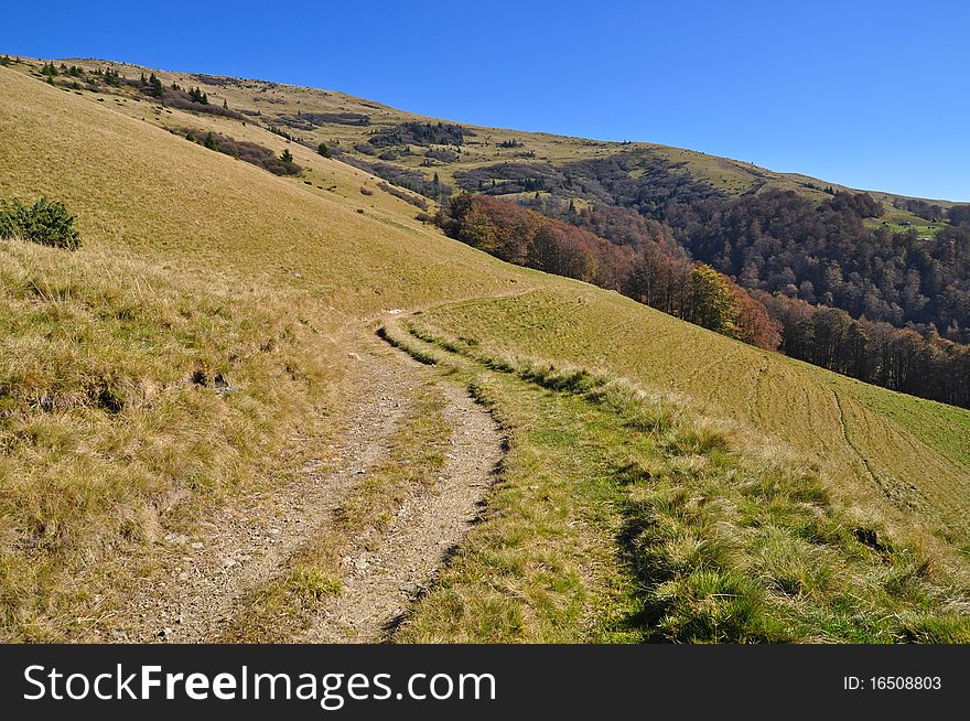 Soil road on a hillside in an autumn landscape with the dark blue sky. Soil road on a hillside in an autumn landscape with the dark blue sky.