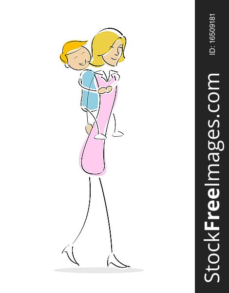 Illustration of mother giving her son piggy-back ride on an isolated background