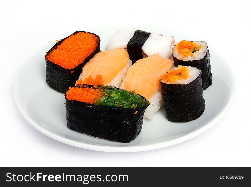 Various types of japanese sushi on plate. Various types of japanese sushi on plate