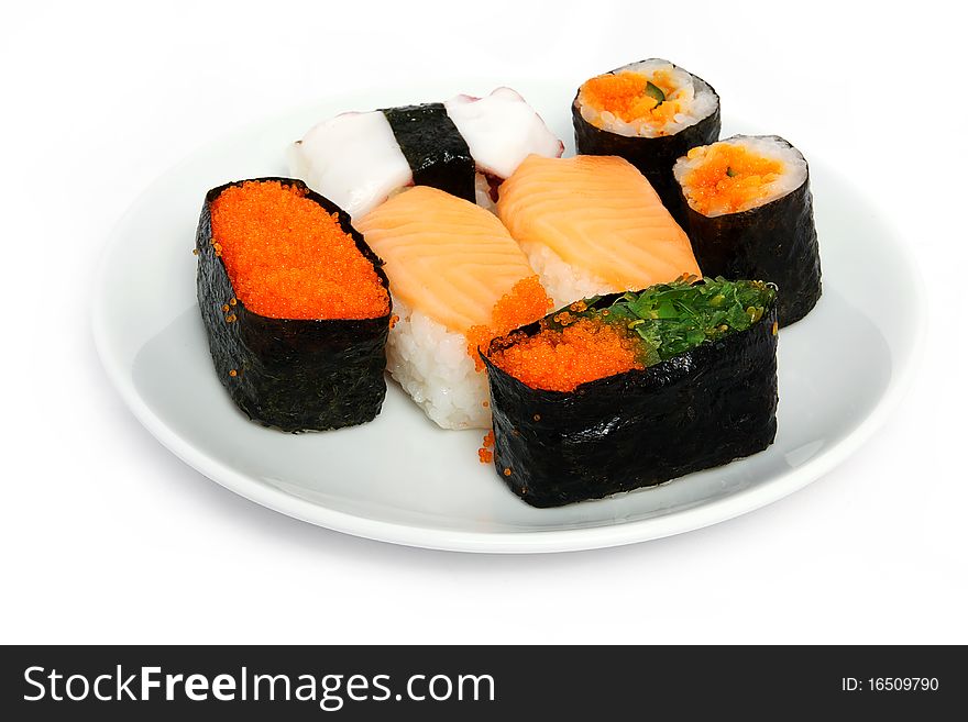 Various types of japanese sushi on plate. Various types of japanese sushi on plate