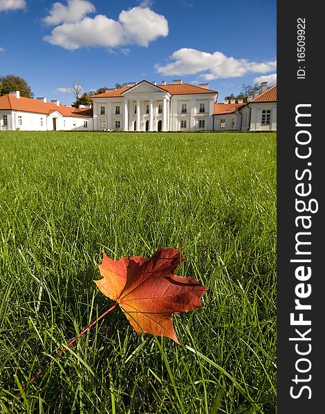 Autumn leaf on the grass in front of the palace