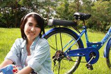 Woman With A Bike Outdoors Smiling Stock Images Woman With A Bike Outdoors Smiling Stock Images