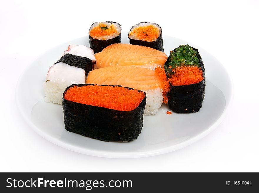 Various types of japanese sushi on plate. Various types of japanese sushi on plate