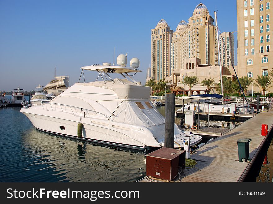 White yacht achored in Doha, Qatar. White yacht achored in Doha, Qatar