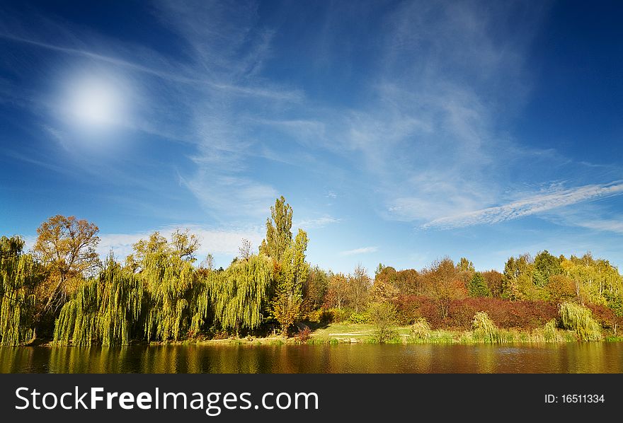 Wonderful View Of Autumn Lake.