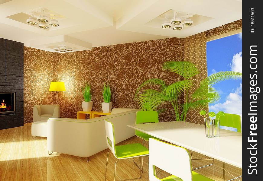 Modern interior room with green furniture