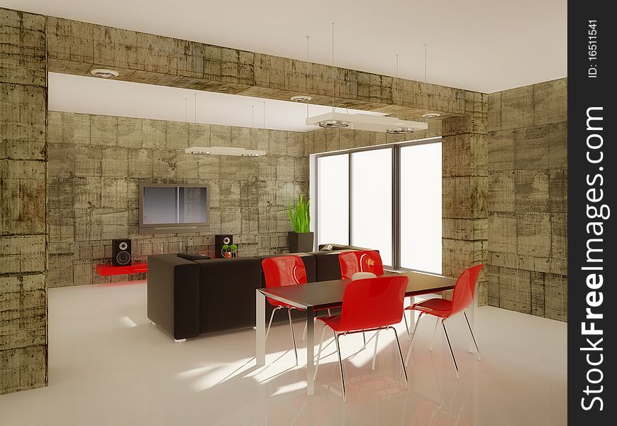 Modern living  room with red elements