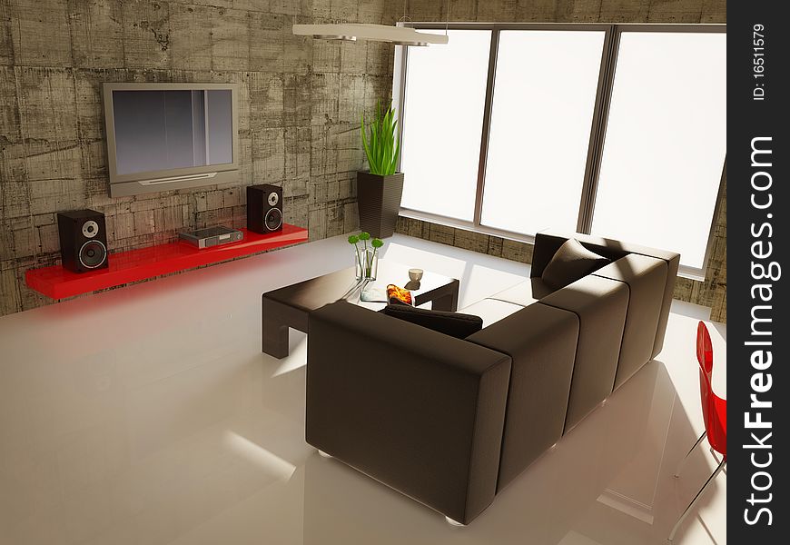 Modern living  room with red elements