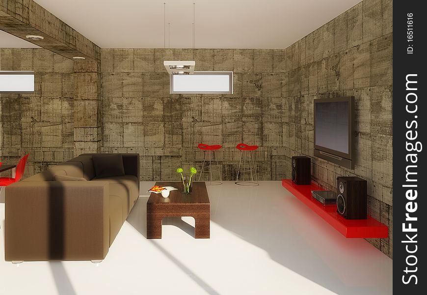 Modern living  room with red elements