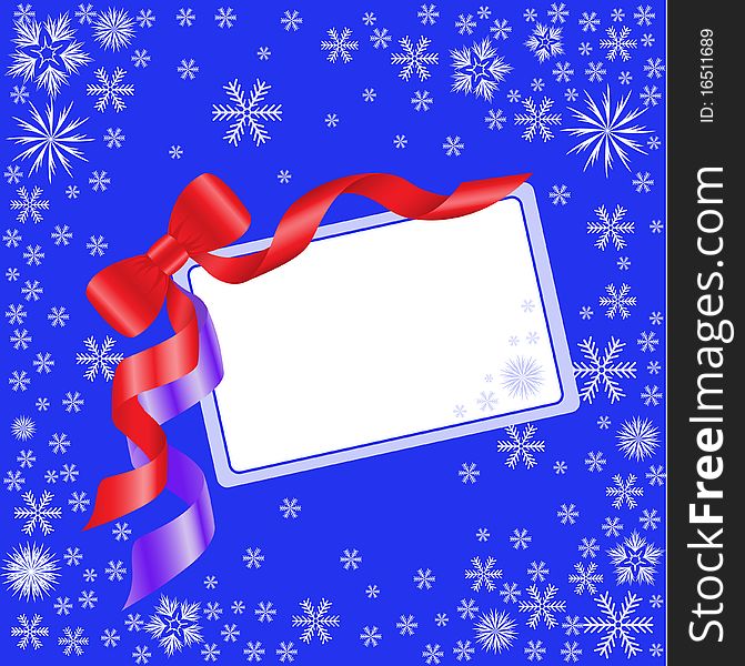 Blue Christmas card with a red bow and white snowflakes. Blue Christmas card with a red bow and white snowflakes