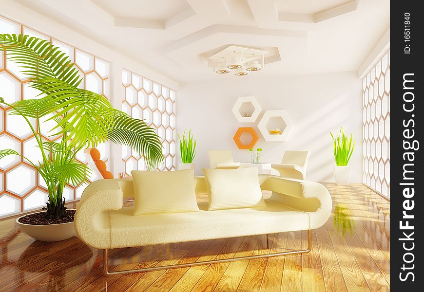 Modern room with white wall and orange elements. Modern room with white wall and orange elements
