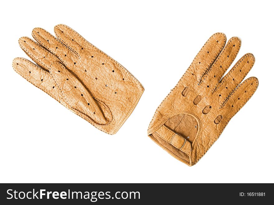 Brown soft leather gloves for extremal kinds of sport. Isolated on white background. Brown soft leather gloves for extremal kinds of sport. Isolated on white background