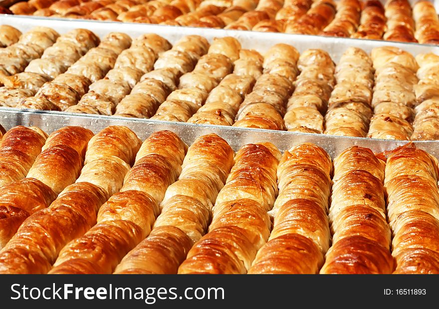 Turkısh tradıtıonal dessert 'baklava' in trays