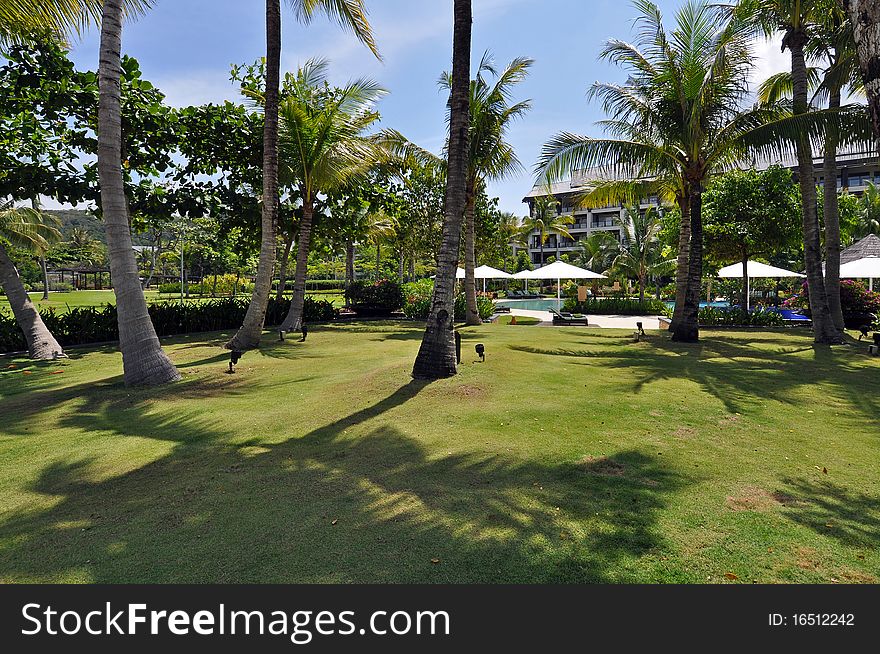 Exterior of luxury hotel, picture taken during the sunny day, Borneo.