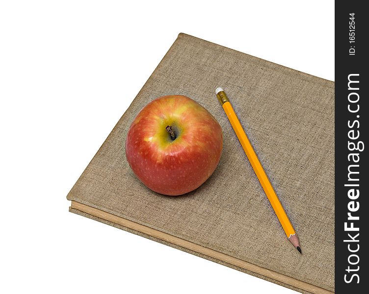 Red apple and pencil on pile of books. Red apple and pencil on pile of books