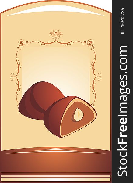 Chocolate candies on the decorative background. Illustration