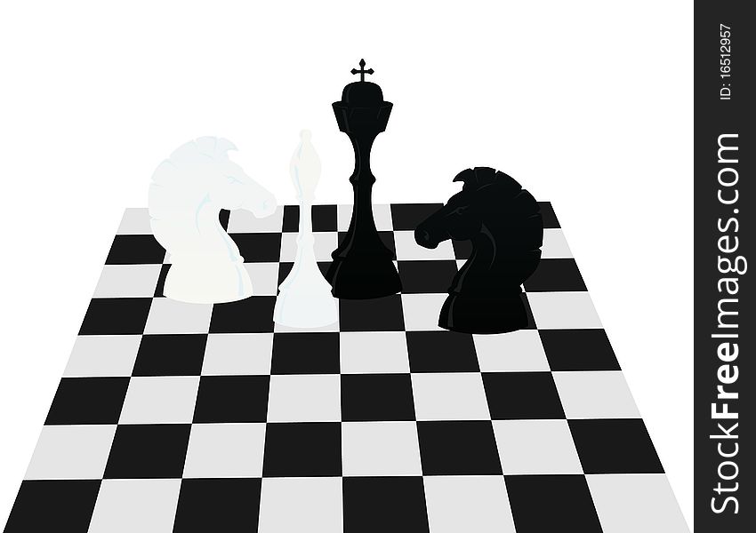 Chess on a board, black and white figures. A illustration