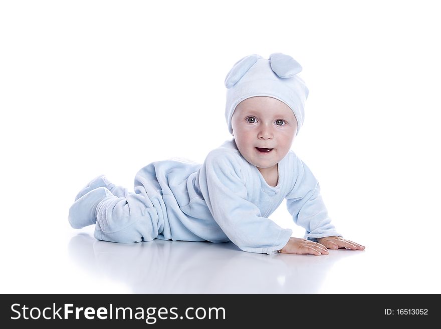 Baby wearing bunny suit isolated on white