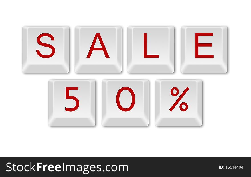 White Computer keyboard showing sale 50% isolated. White Computer keyboard showing sale 50% isolated