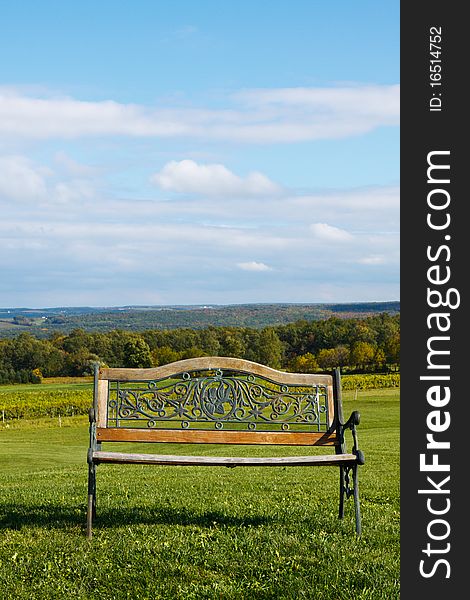 Park bench in the rolling hills, overlooking a vineyard; in vertical orientation