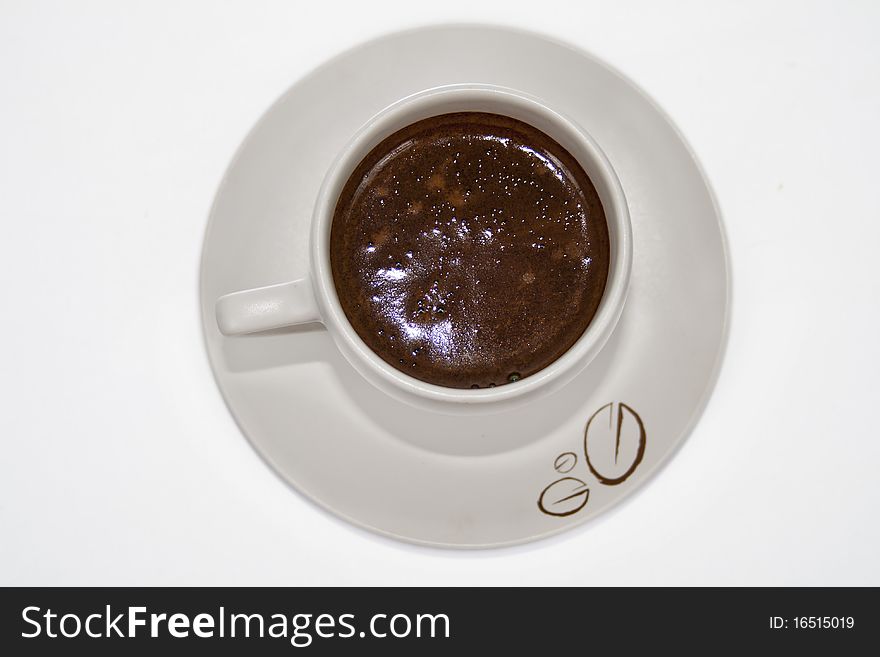 Coffee on white background, top view