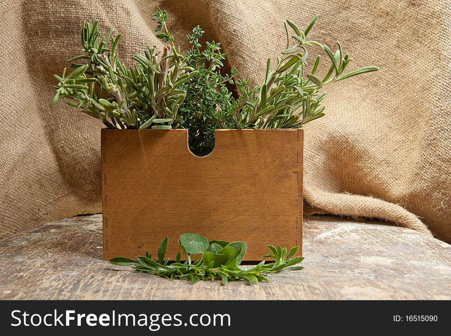 Healing herbs on a wooden box
