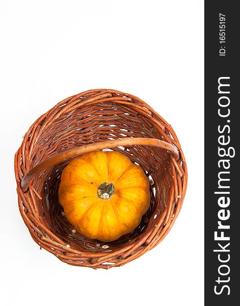 Orange mini pumpkin on the basket isolated