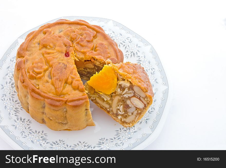 Chinese Moon Cake, traditional dessert for the Chinese mid Autumn festival, in dish