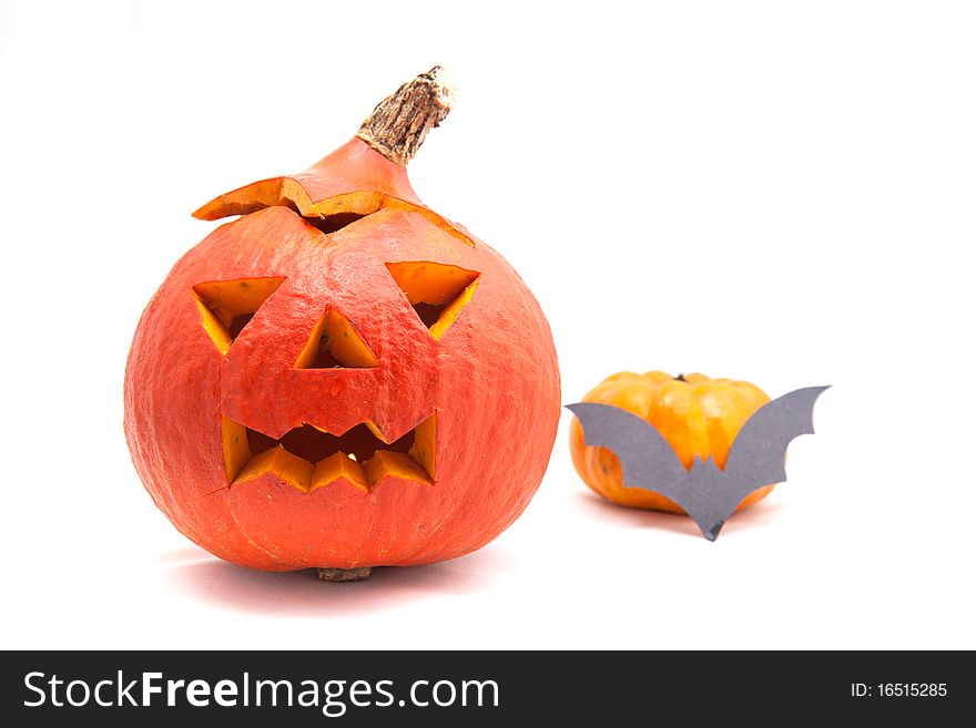 Halloween Pumpkins isolated with the black bat over white background