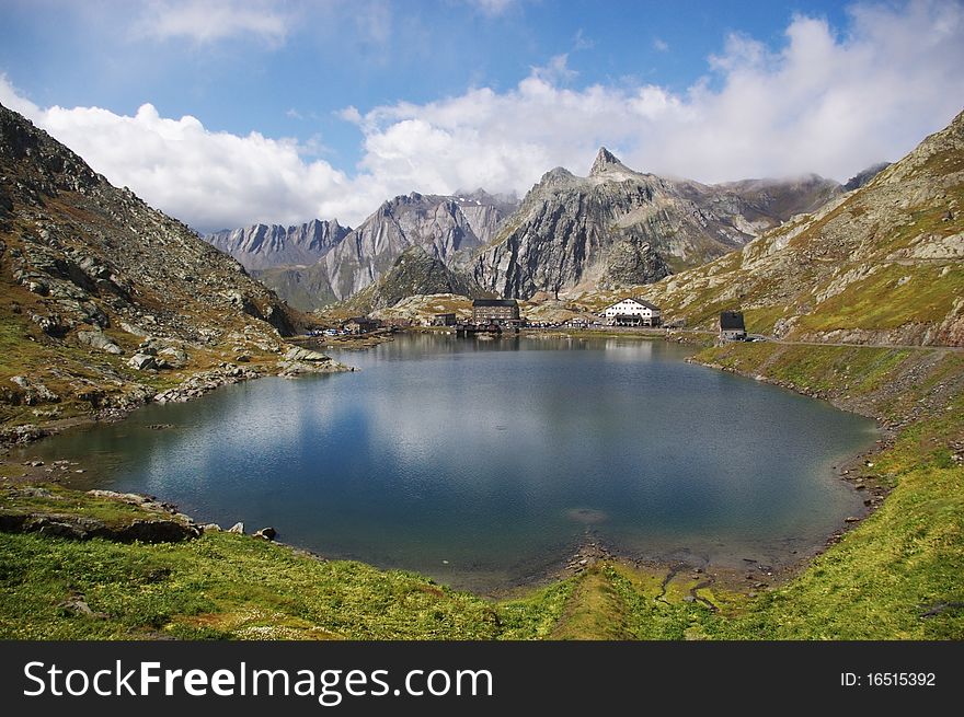 Mountain landscape of Sen-Bernard pass in Swiss and Italian Alps. Mountain landscape of Sen-Bernard pass in Swiss and Italian Alps