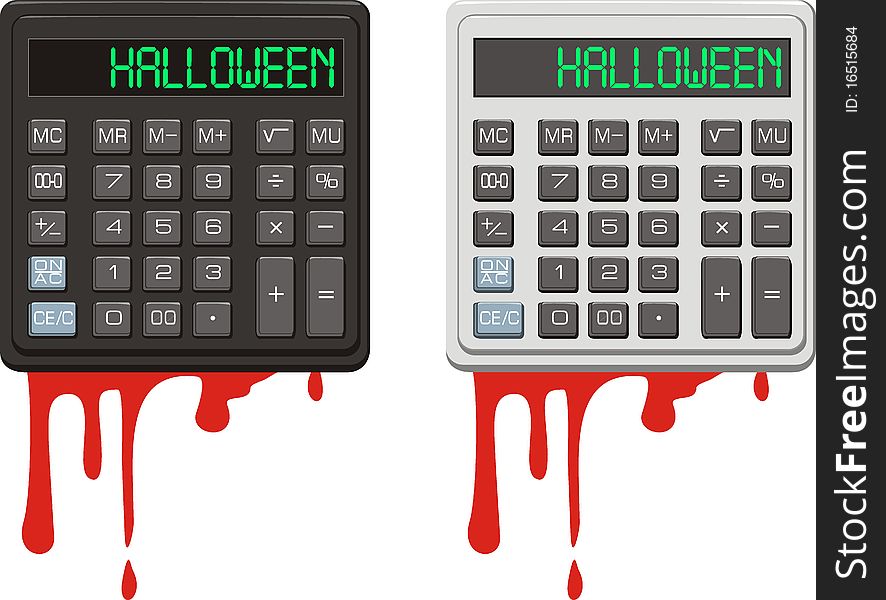 Two illustrations - calculator with inscription HALLOWEEN on LCD board and blood. Two illustrations - calculator with inscription HALLOWEEN on LCD board and blood